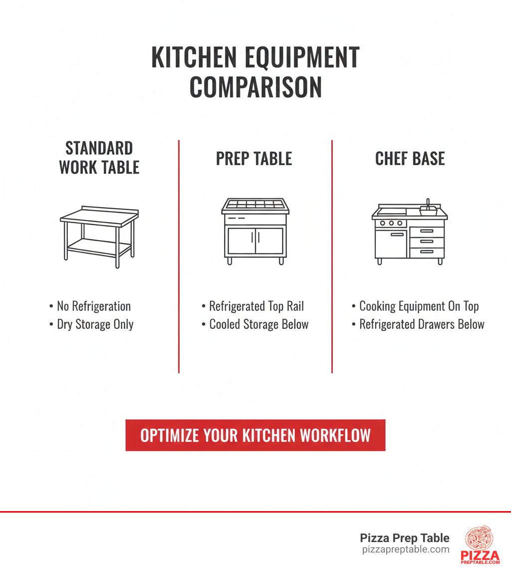 Infographic comparing three kitchen equipment types: a standard work table with no refrigeration, a prep table with refrigerated rail on top and storage below, and a chef base with cooking equipment on top and refrigerated drawers below - 72 refrigerated chef base infographic 