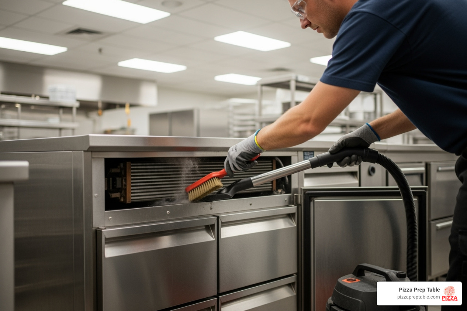 Someone cleaning the condenser coil of a chef base - 72 refrigerated chef base
