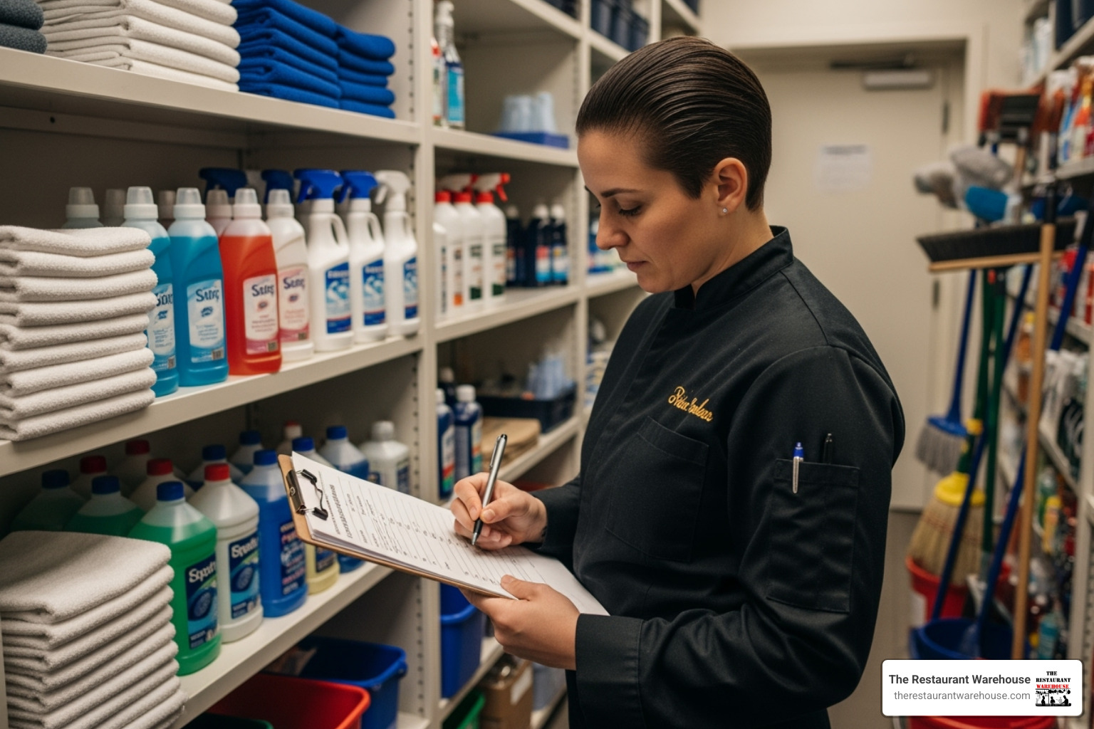 restaurant manager reviewing a cleaning supply inventory checklist - Restaurant cleaning products
