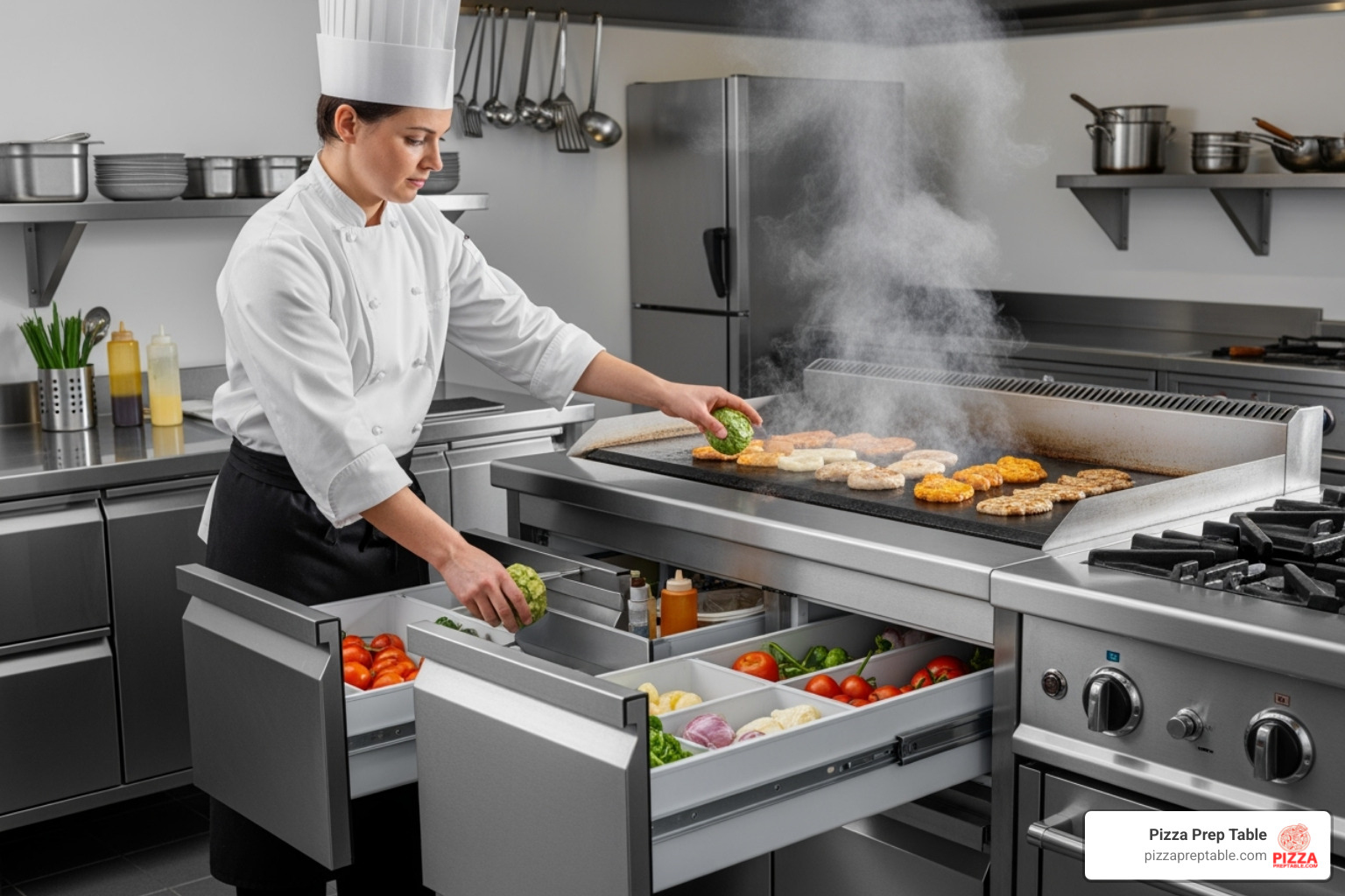 Chef working efficiently with ingredients from a 72" chef base placed under a griddle - 72 refrigerated chef base
