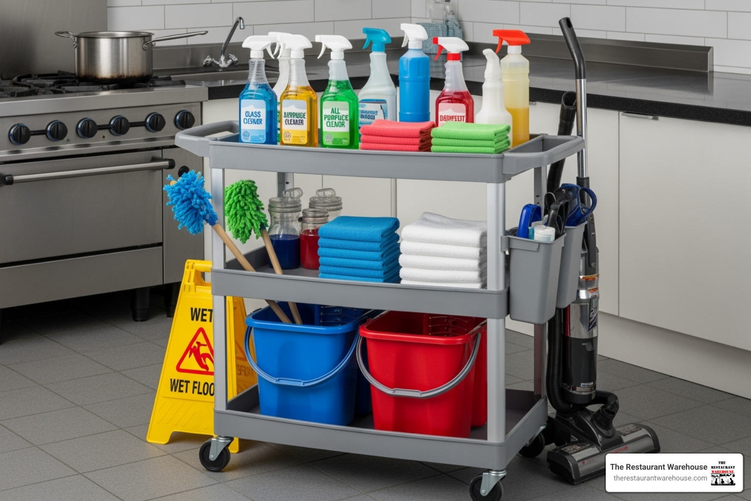 well-organized janitorial cart with color-coded cleaning supplies - Restaurant cleaning products