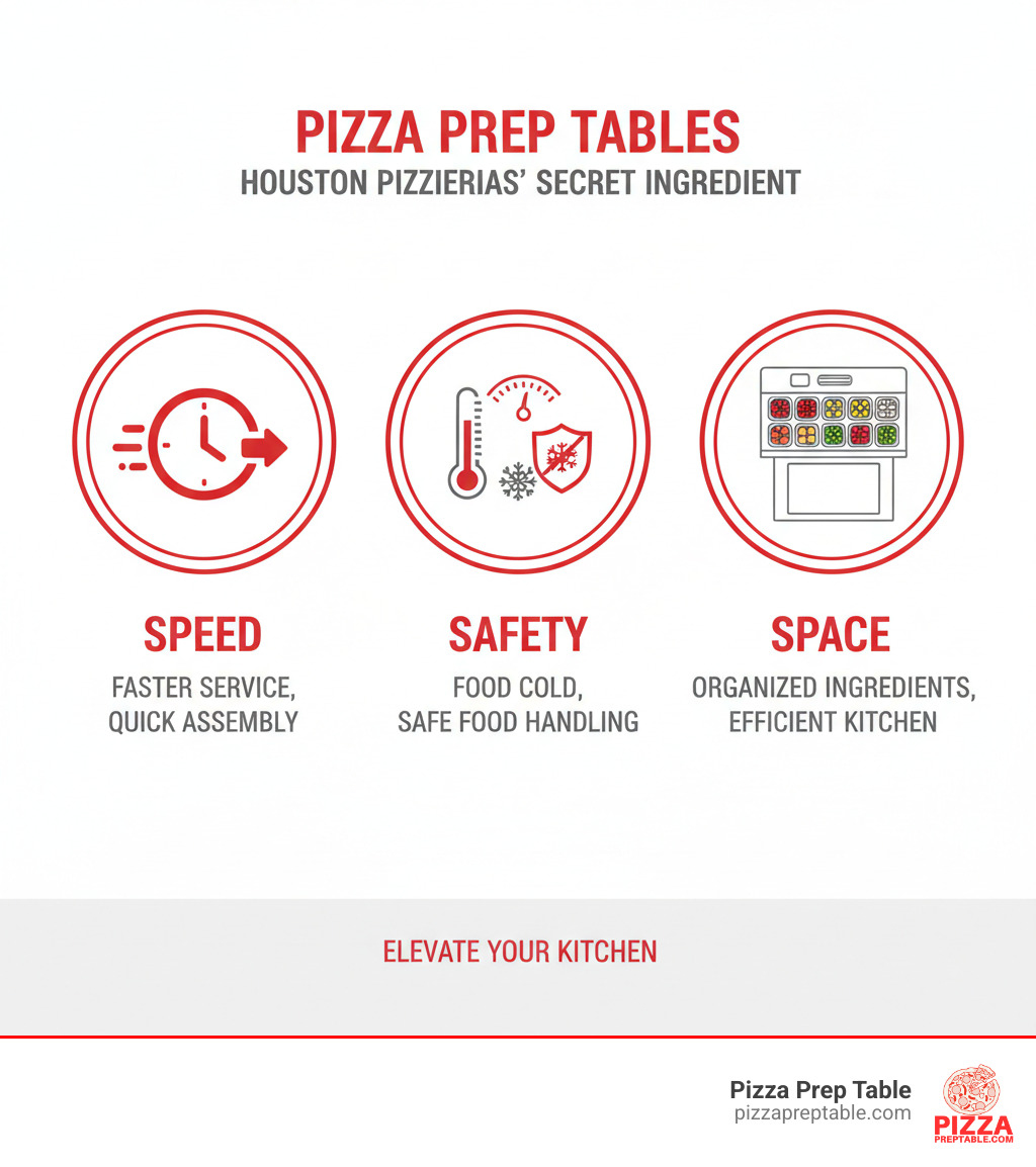 Infographic showing three core benefits of pizza prep tables: Speed with icons of clock and fast service, Safety with temperature gauge and food safety symbols, and Space with organized ingredient compartments and efficient kitchen layout - pizza prep table Houston infographic 