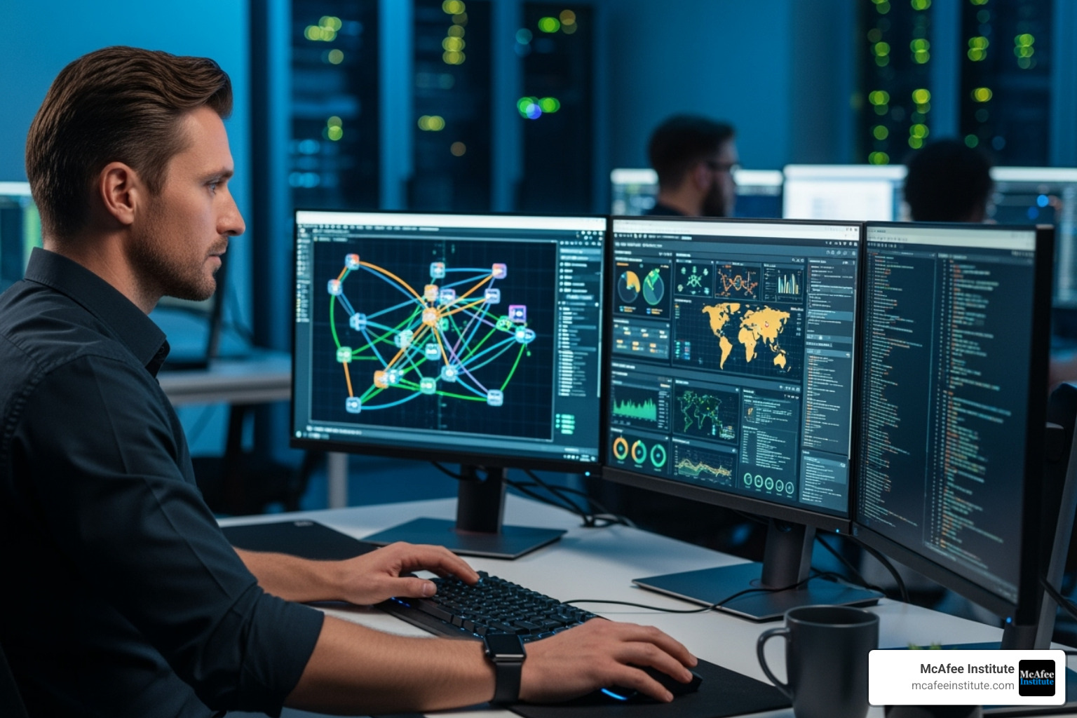 Analyst at computer with complex data visualization - machine learning for threat detection Analyst at computer with complex data visualization - machine learning for threat detection