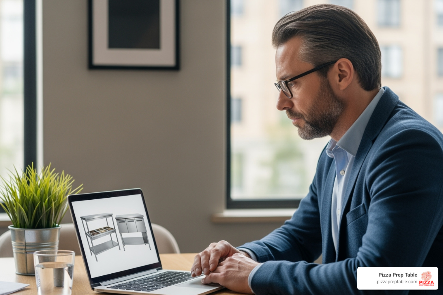 restaurant owner browsing pizza prep tables on a laptop - pizza prep table Houston