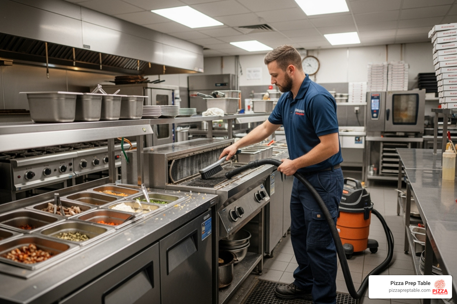 technician cleaning the condenser coils on a prep table - pizza prep table Houston