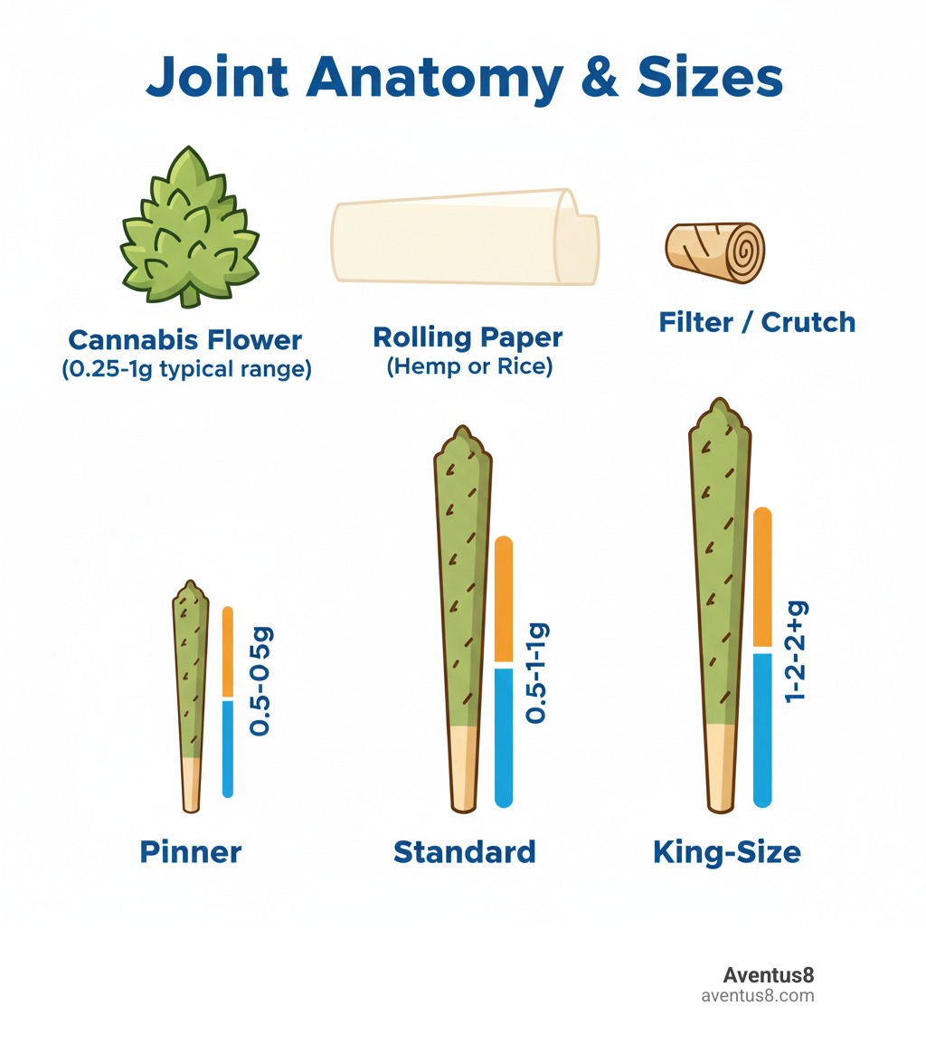 Infographic showing joint anatomy with three labeled sections: cannabis flower (0.25-1g typical range), rolling paper (hemp or rice), and filter/crutch at the base, with size comparisons for pinner, standard, and king-size joints - weed in a joint infographic 