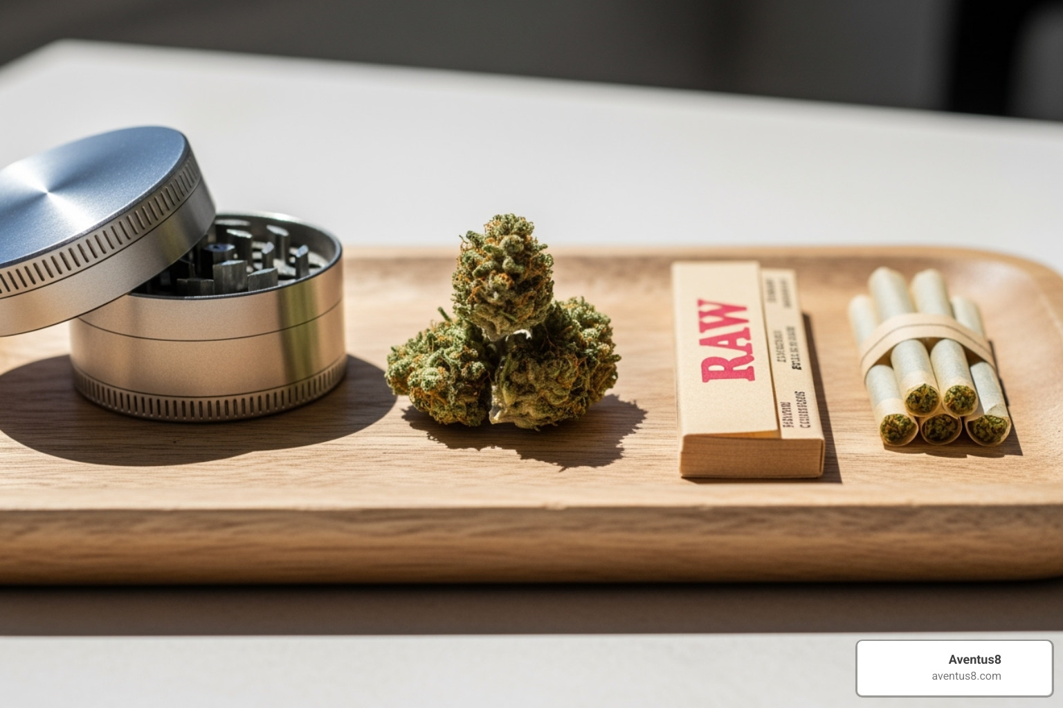 joint rolling materials laid out on a tray: grinder, cannabis flower, rolling papers, filter tips - weed in a joint
