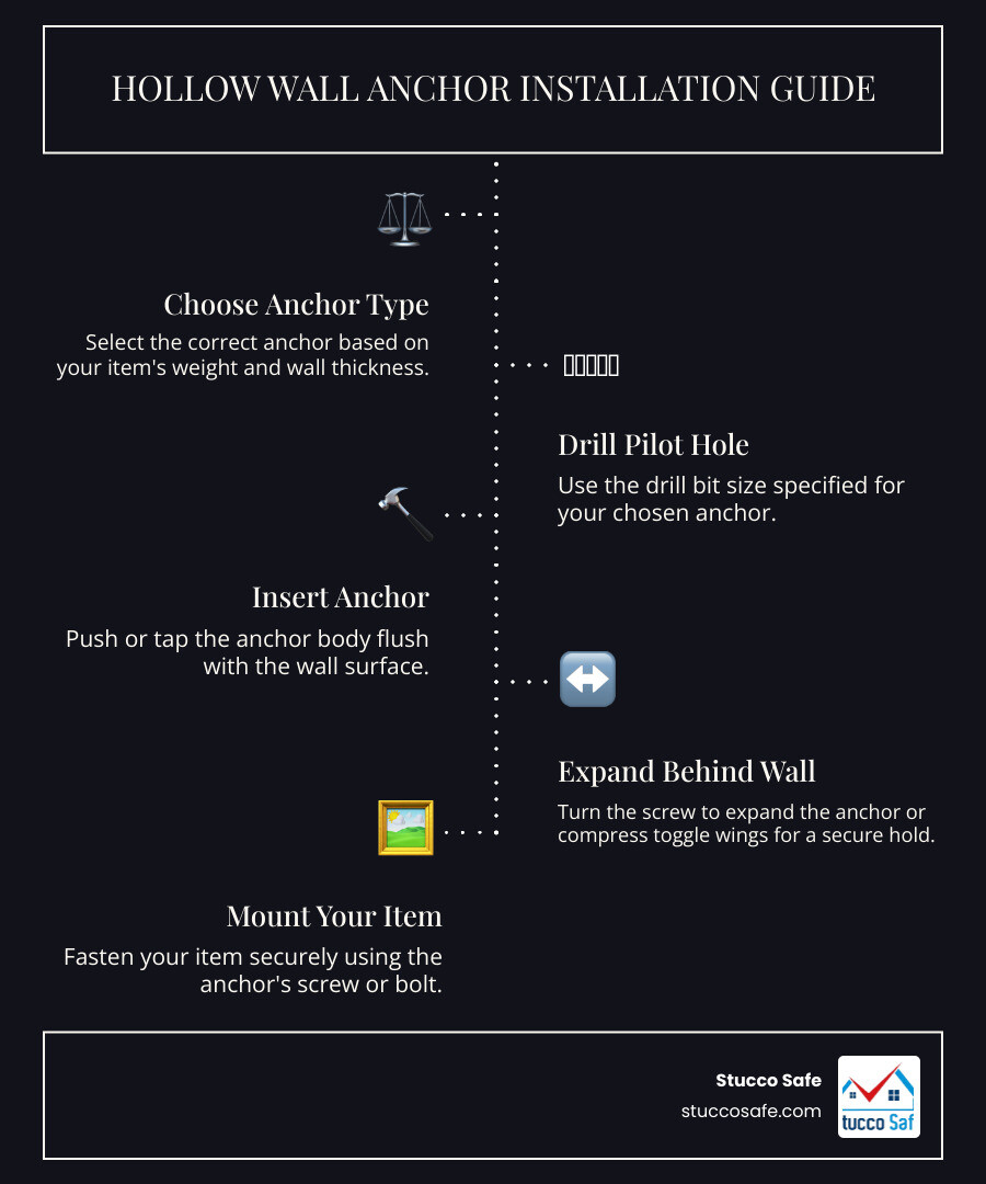 Infographic showing how a hollow wall anchor works: drilling a pilot hole in drywall, inserting the anchor body through the hole, the anchor expanding or wings opening behind the drywall to create a wide backing plate, and finally tightening the screw to compress the anchor against the back of the wall for secure mounting - hollow wall anchors how to use infographic infographic-line-5-steps-dark