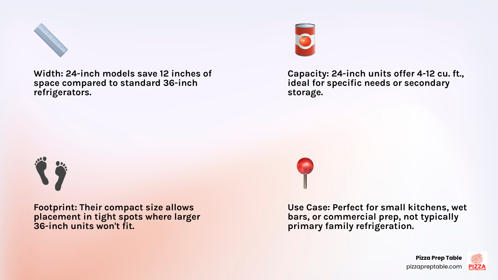 Infographic comparing the footprint and dimensions of a standard 36-inch refrigerator versus a 24-inch refrigerator model, showing width, depth, height, and typical capacity in cubic feet - 24 refrigerator infographic 4_facts_emoji_light-gradient