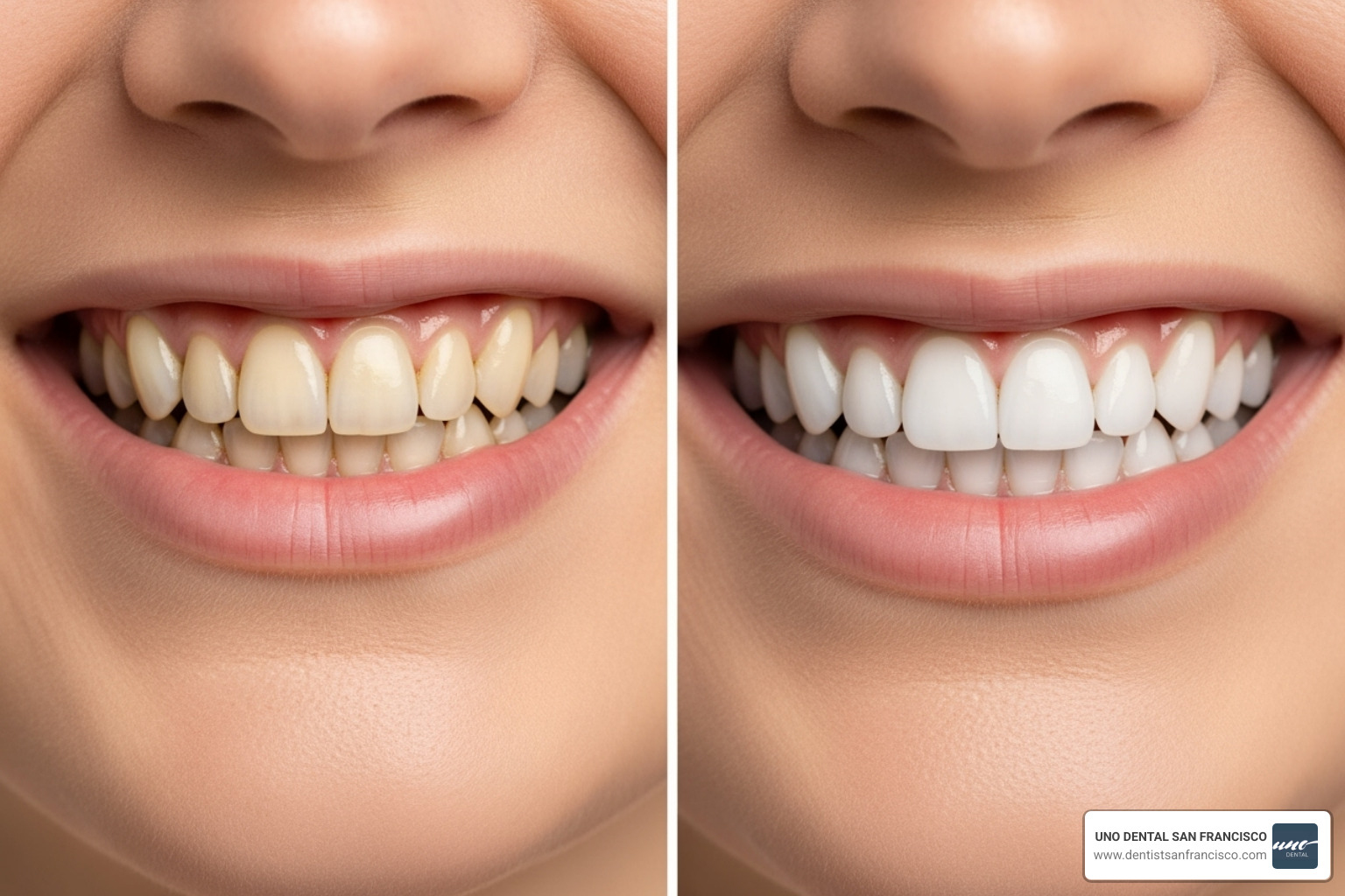 Before and after images of a patient's smile transformation after professional teeth whitening at UNO DENTAL SAN FRANCISCO - professional teeth whitening Before and after images of a patient's smile transformation after professional teeth whitening at UNO DENTAL SAN FRANCISCO - professional teeth whitening