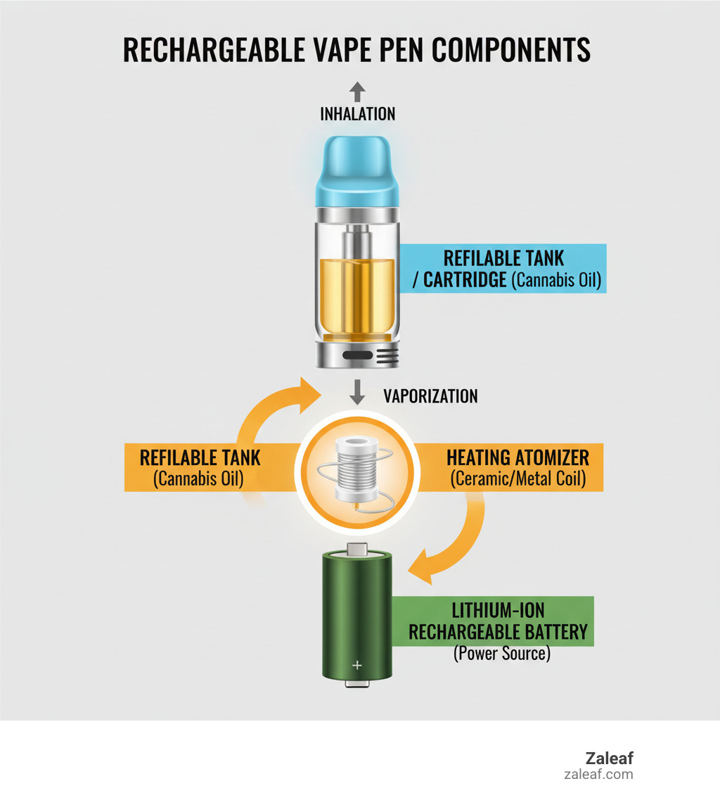 Infographic showing the four main components of a rechargeable vape pen: a lithium-ion rechargeable battery at the base providing power, a heating atomizer with ceramic or metal coil in the center, a refillable tank or 510-thread cartridge containing cannabis oil or concentrate, and a mouthpiece at the top for inhalation, with arrows indicating how battery power heats the atomizer to vaporize the oil - rechargeable vape pen infographic 