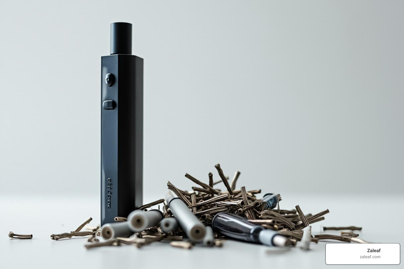 A single Zaleaf rechargeable vape pen next to a small pile of generic disposable vapes, highlighting the waste reduction - rechargeable vape pen