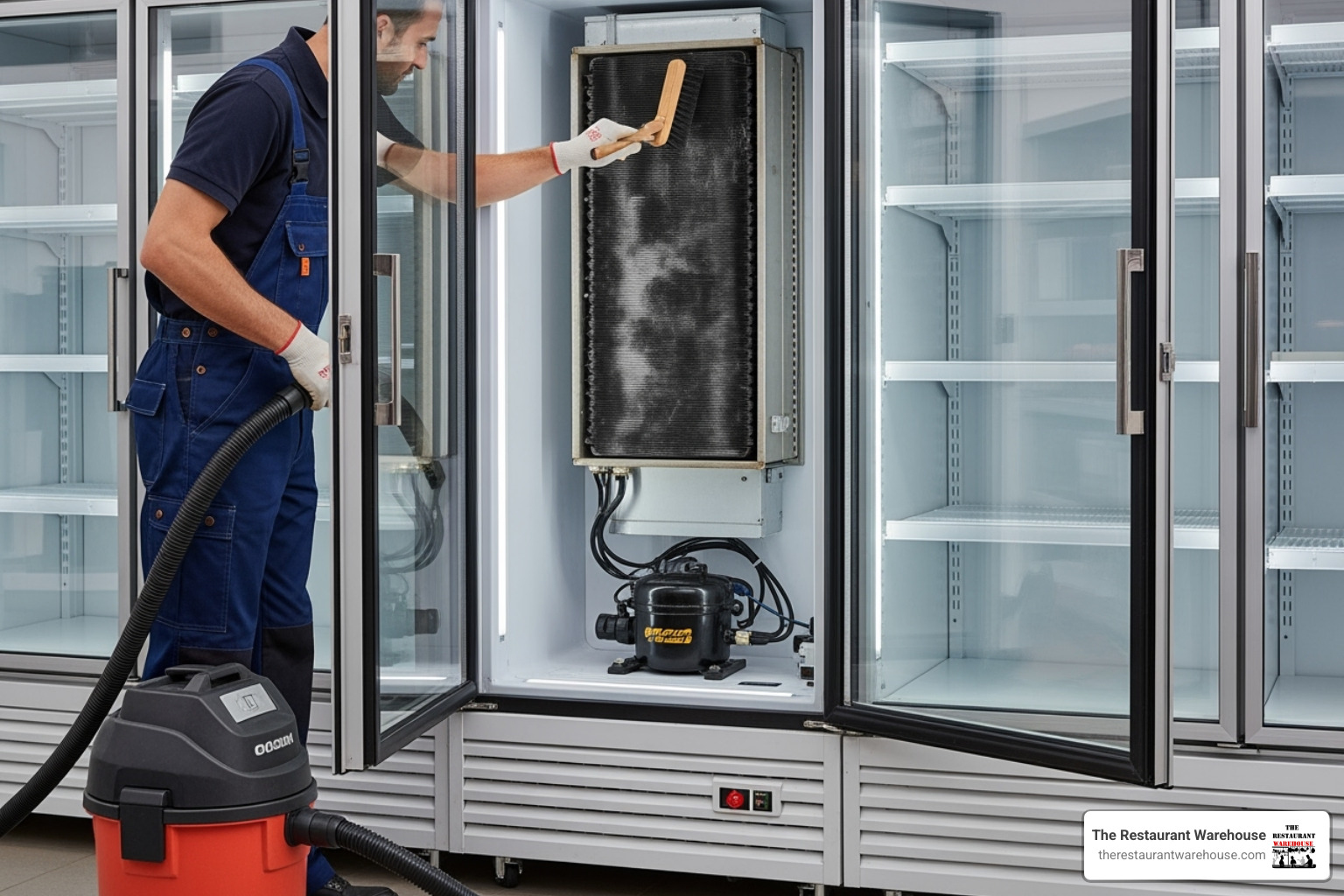 technician cleaning the condenser coils on a bottom-mounted freezer unit - commercial glass door freezers