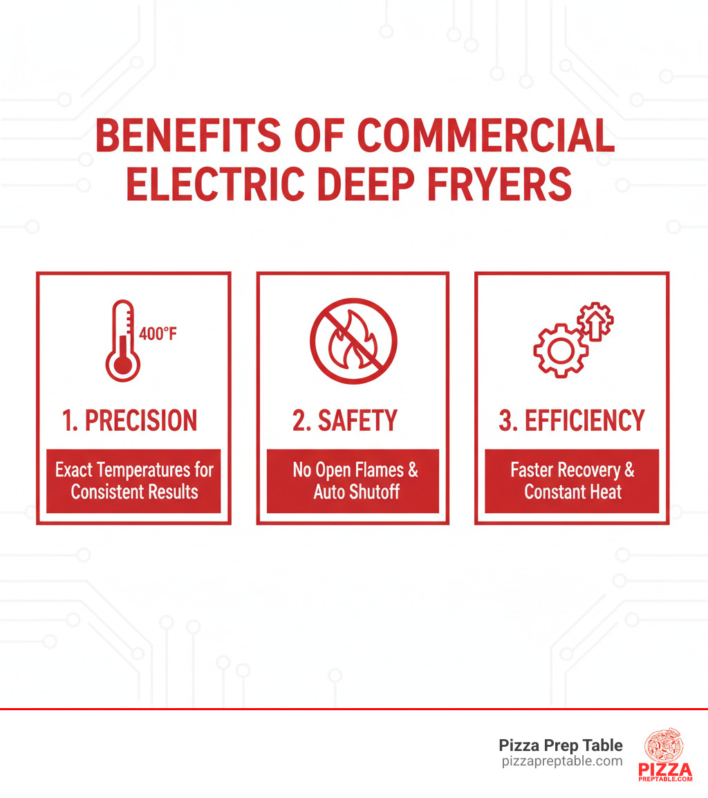 Infographic showing three key benefits of commercial electric deep fryers: 1. Precision - Thermostatic controls maintain exact temperatures up to 400°F for consistent results, 2. Safety - No open flames and automatic shutoff features reduce fire hazards, 3. Efficiency - Faster recovery times between batches and built-in heating elements maximize oil temperature consistency - electric deep fryers commercial infographic 