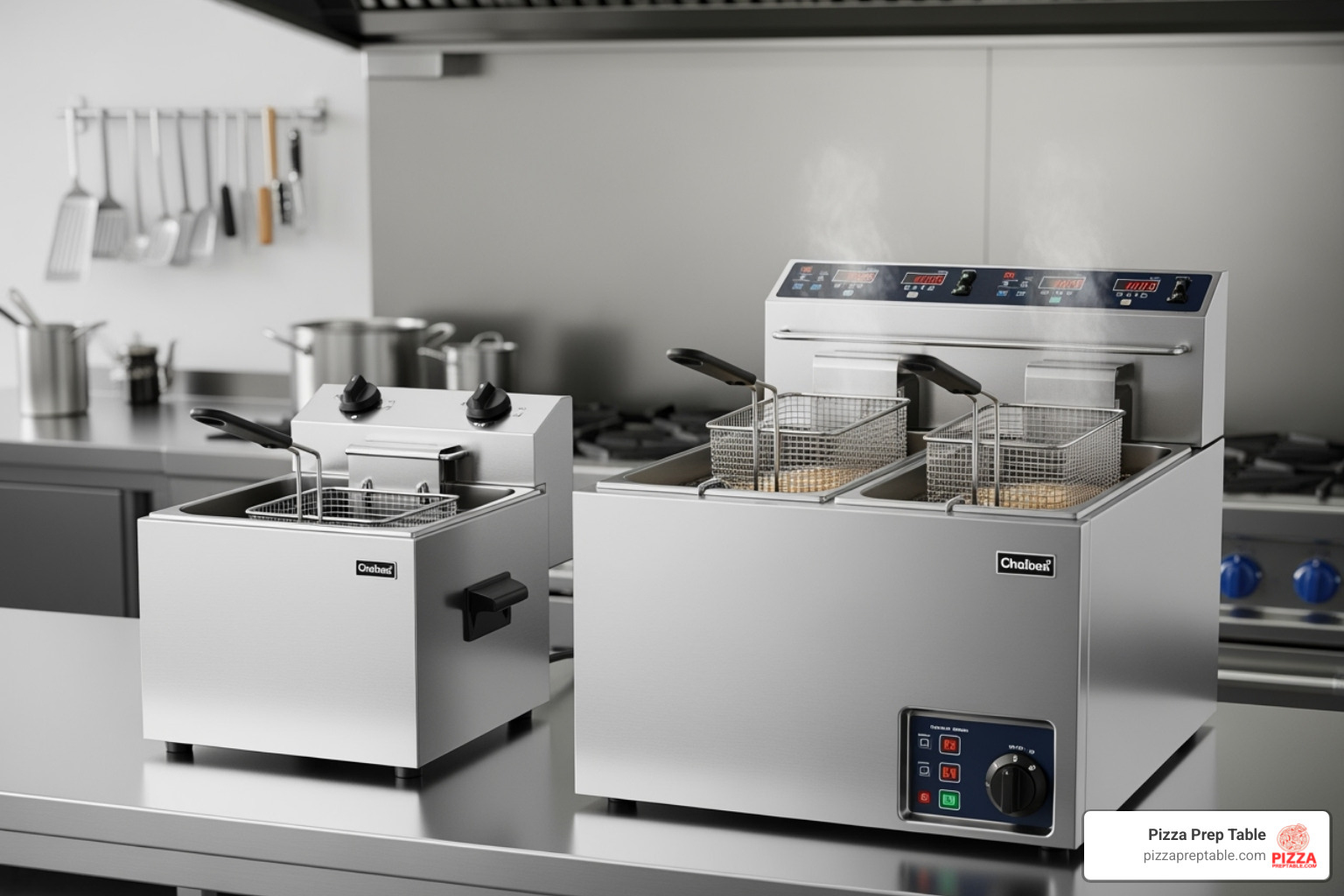 showing a countertop fryer next to a larger floor model fryer - electric deep fryers commercial