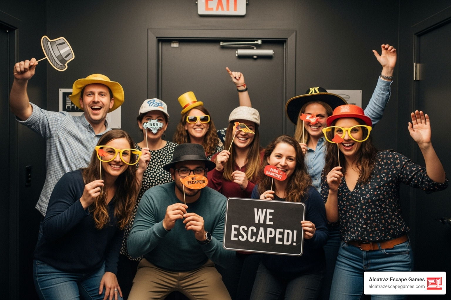group posing with fun props after successfully escaping a room - escape room salt lake