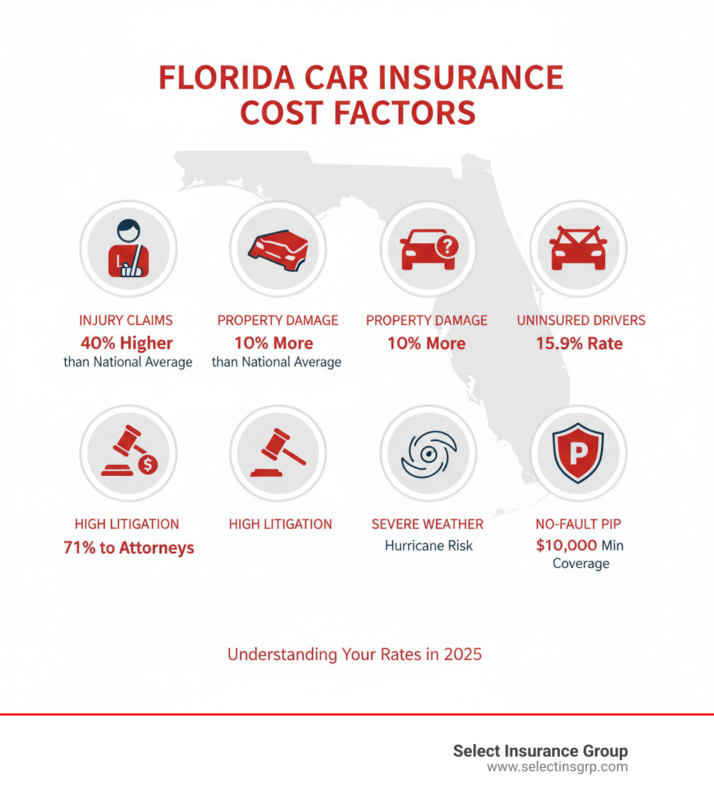 Infographic showing the breakdown of Florida car insurance cost factors: 40% higher injury claim frequency than national average, 10% more property damage claims, 15.9% uninsured driver rate, high litigation costs with 71% of claims going to attorneys and adjusters, severe weather risk from hurricanes, and the no-fault PIP system requiring $10,000 minimum coverage - Florida car insurance rates infographic 