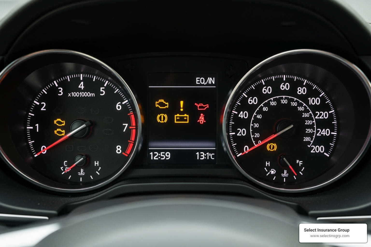 Car dashboard with various warning lights - Florida car insurance rates