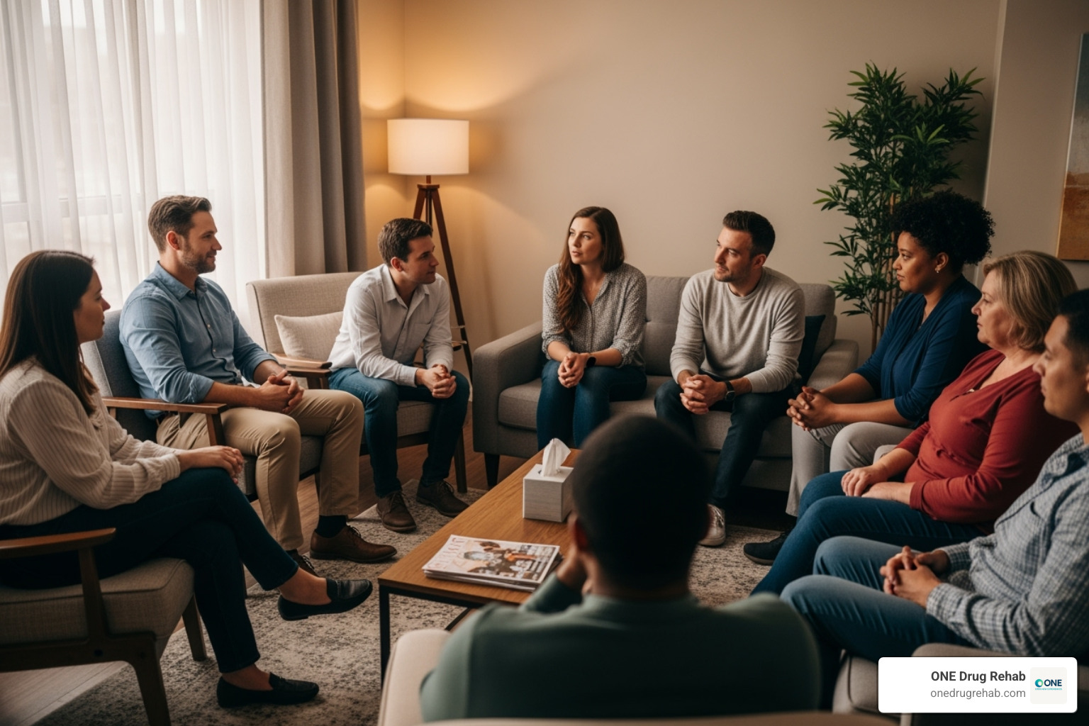 A group of people in a comfortable setting, engaged in a supportive group therapy session - benefits of rehab