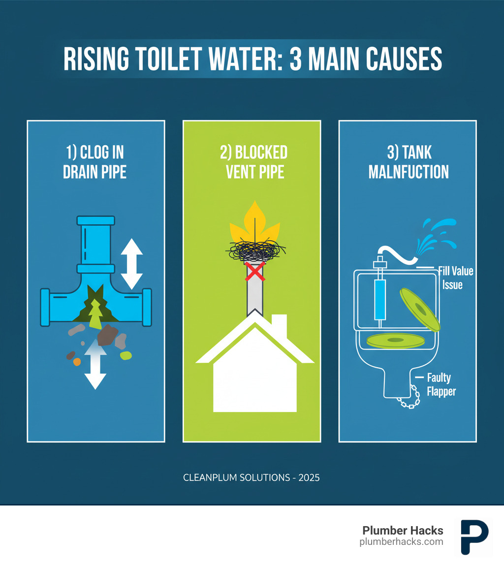 Infographic showing three main causes of rising toilet water: 1) Clog in drain pipe with icon of blocked pipe and debris, 2) Blocked vent pipe on roof with icon of house and obstructed vent stack, 3) Tank malfunction with icon of toilet tank internals showing faulty flapper and fill valve - my toilet water keeps rising when i flush infographic 