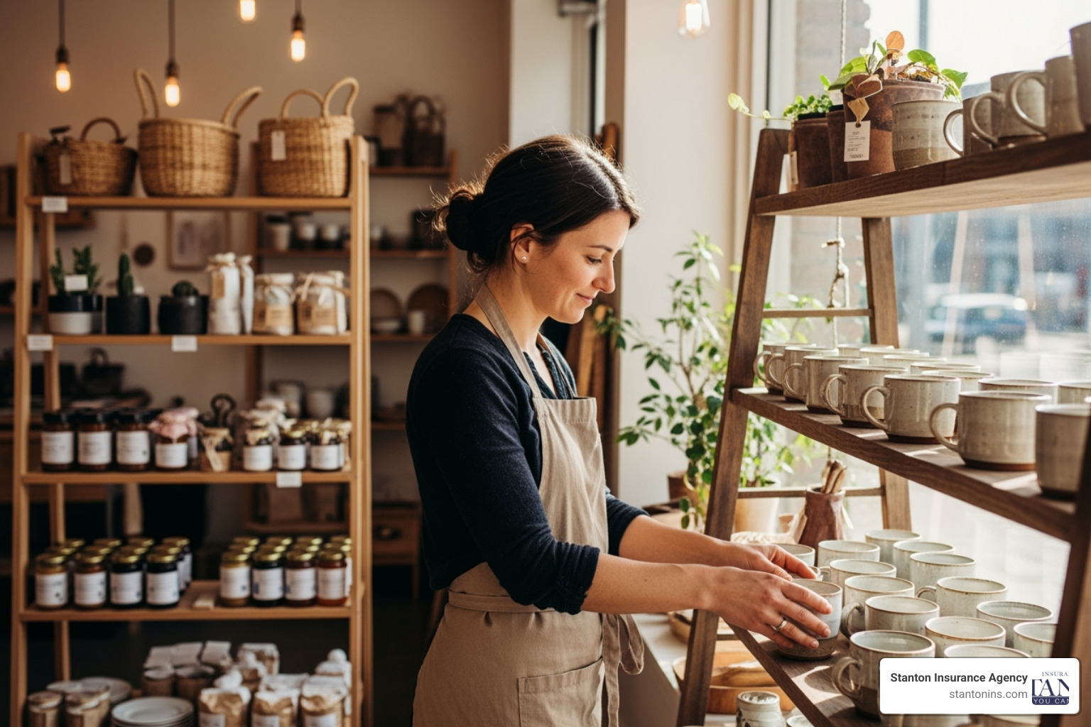 small retail shop owner organizing merchandise - Small business insurance MA
