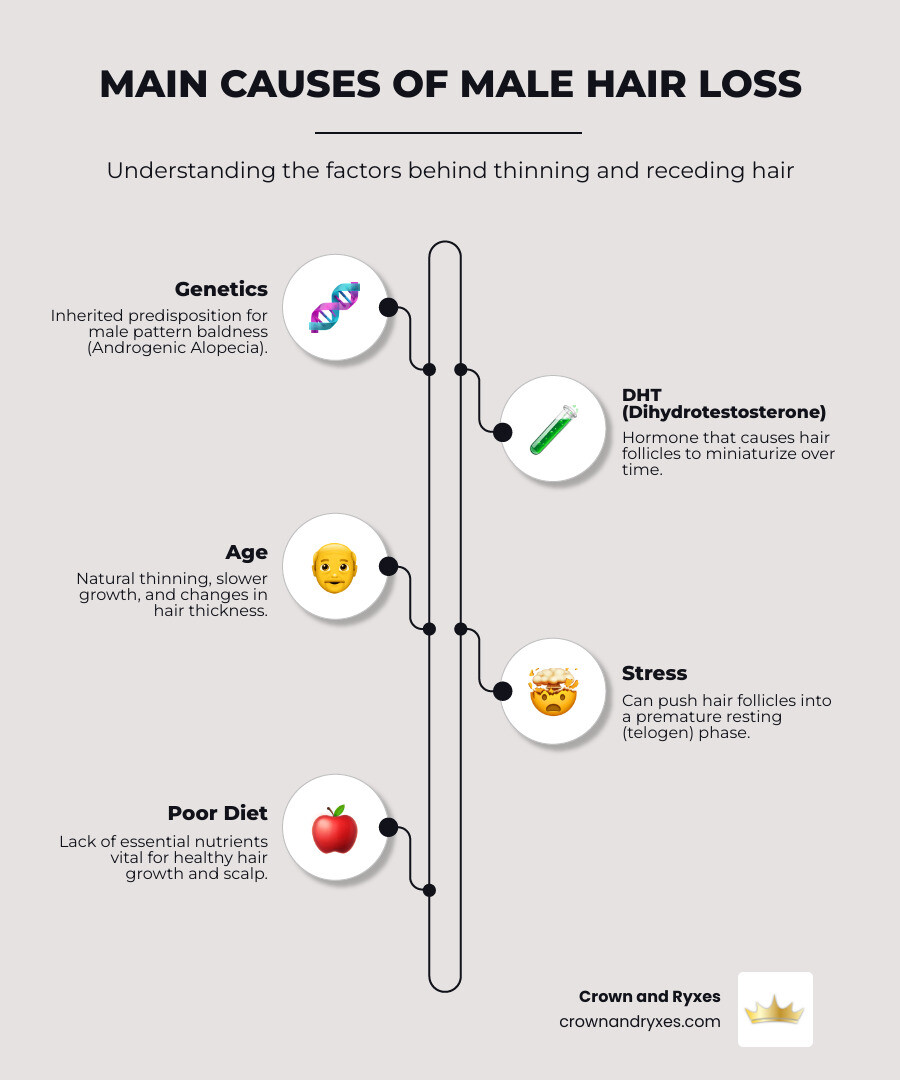 infographic explaining the main causes of male hair loss: Genetics, DHT, Age, Stress - mens hair grower infographic infographic-line-5-steps-elegant_beige