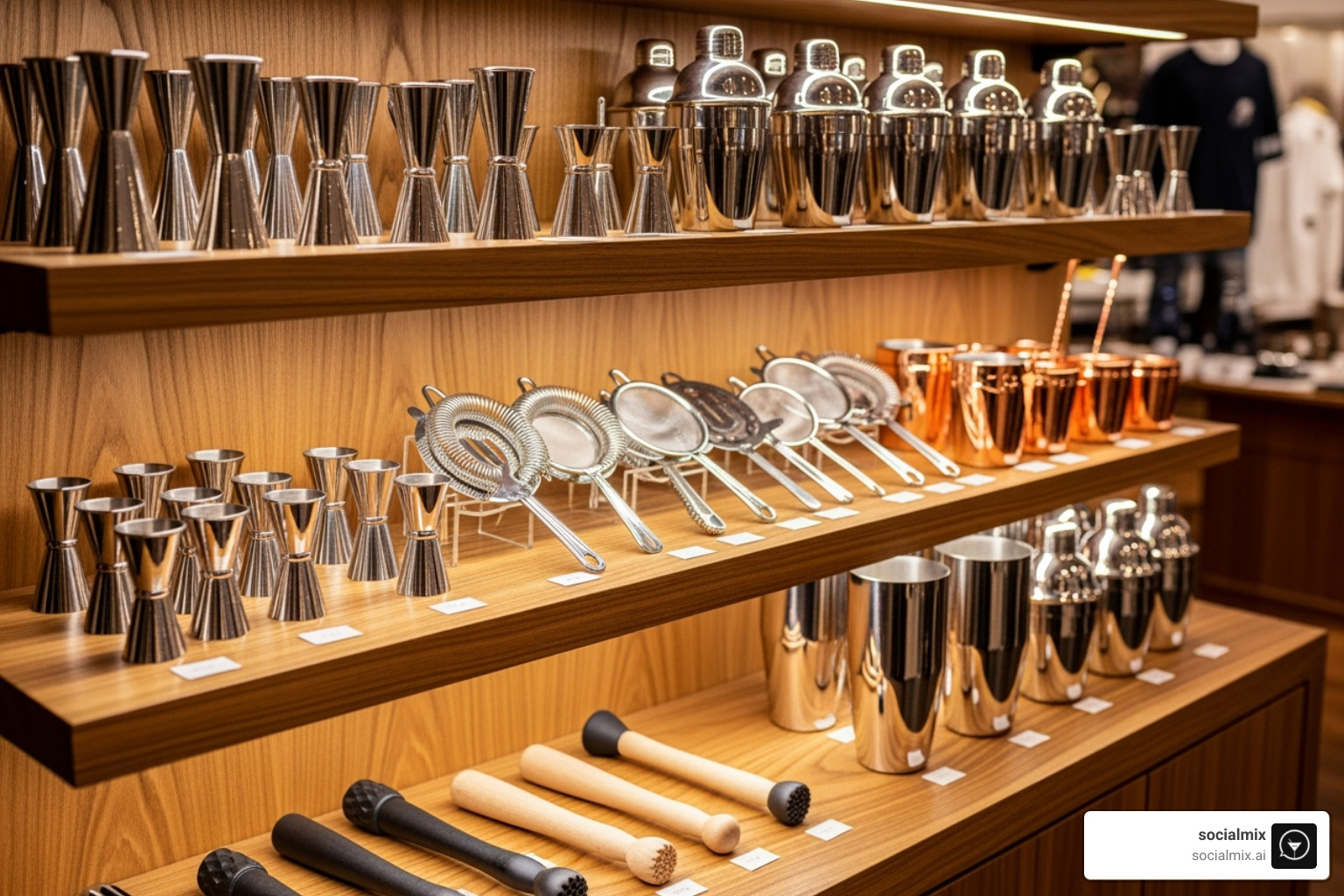 A well-organized shelf in a boutique store displaying various bar tools like jiggers and strainers. - bartender tools Boston A well-organized shelf in a boutique store displaying various bar tools like jiggers and strainers. - bartender tools Boston