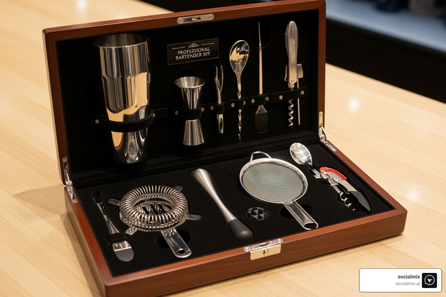 A boxed bartender tool set on display. - bartender tools Boston A boxed bartender tool set on display. - bartender tools Boston