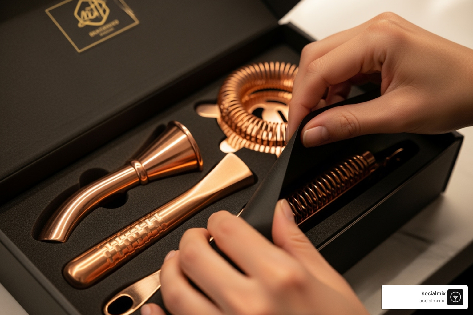 Someone unboxing a new set of copper bartender tools. - bartender tools Boston Someone unboxing a new set of copper bartender tools. - bartender tools Boston