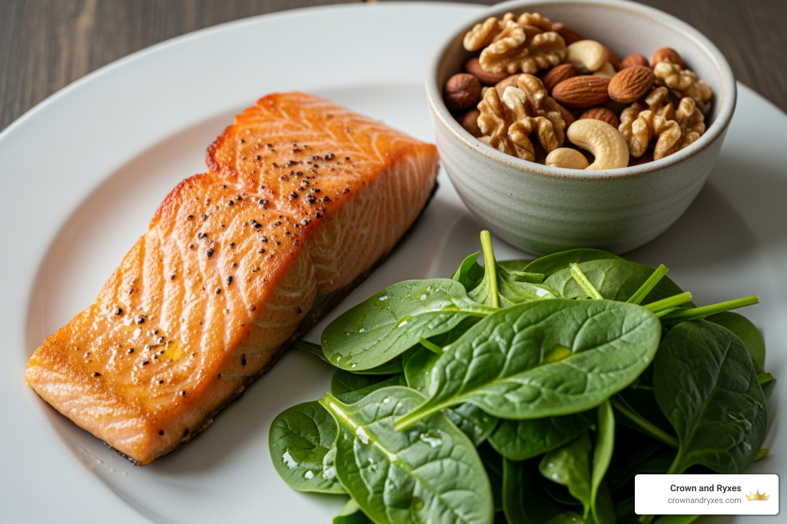 Healthy foods known to support hair growth like salmon, nuts, and spinach - mens hair grower