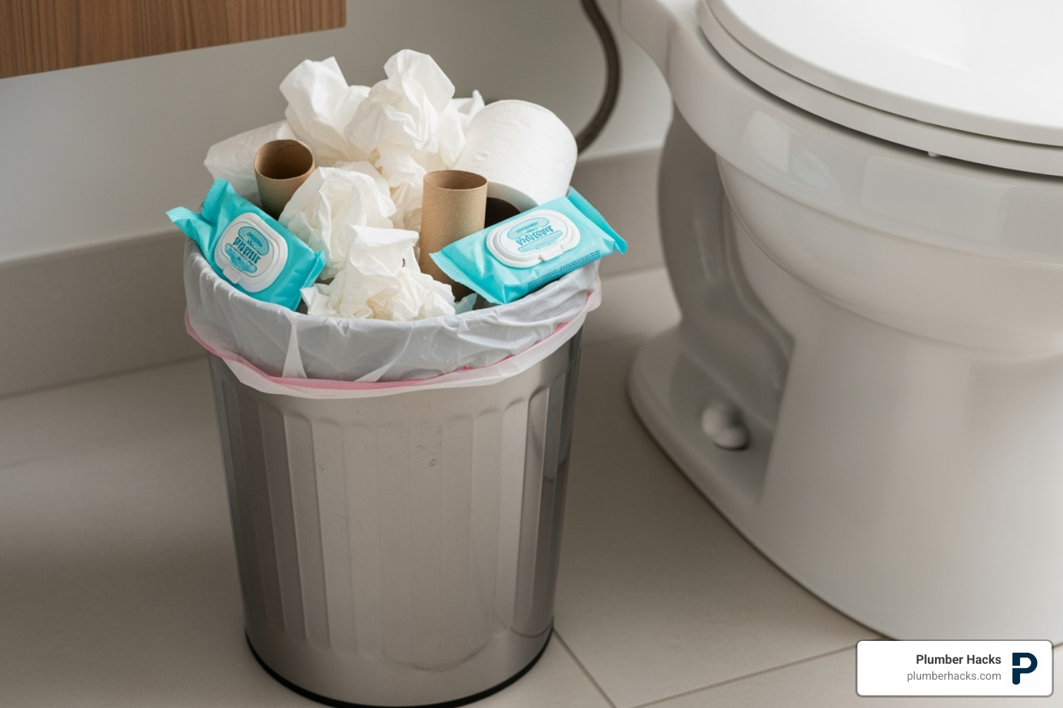 toilet paper and wipes in a trash can - toilet not clearing