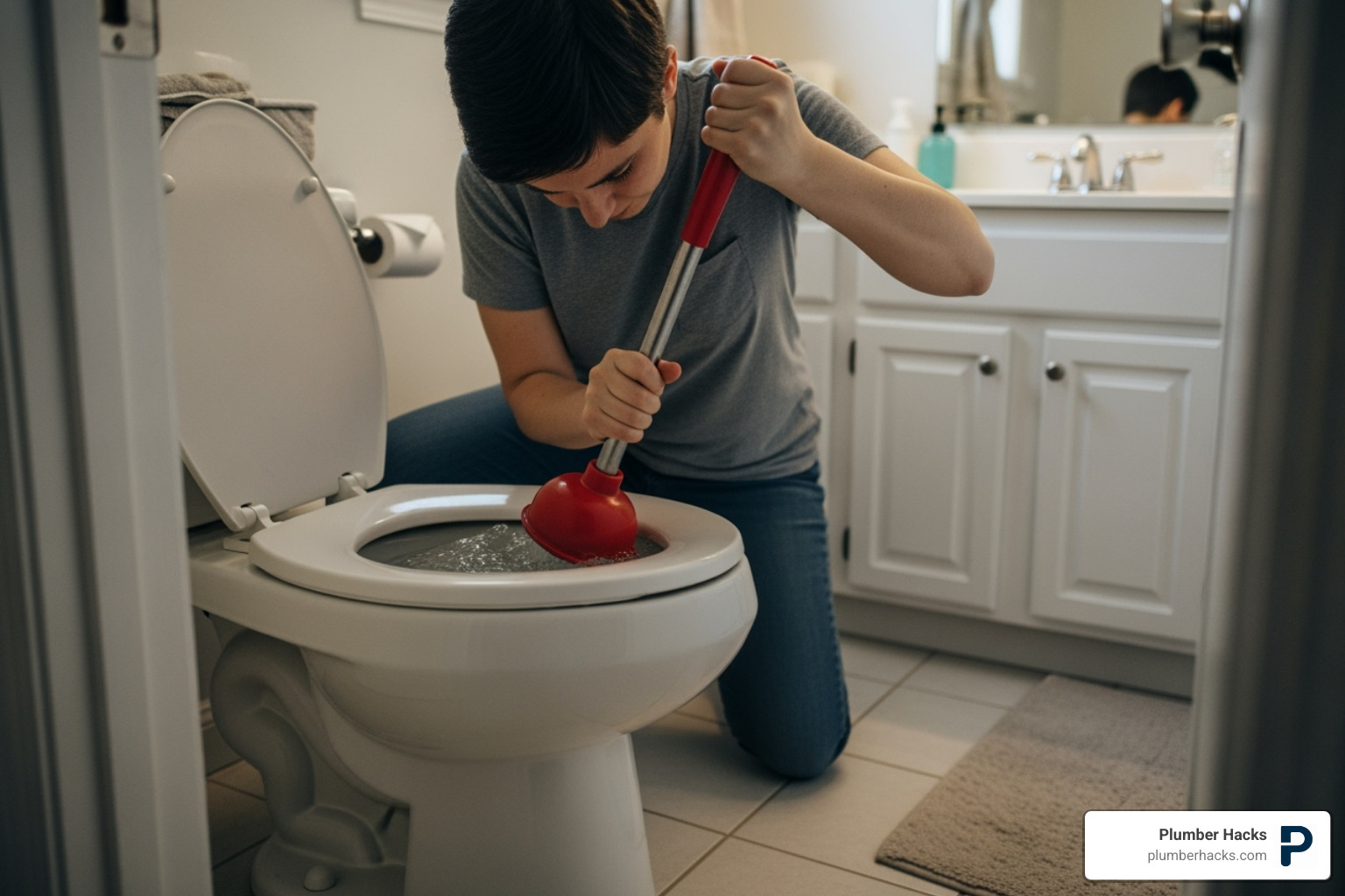 person using funnel-cup plunger - toilet not clearing