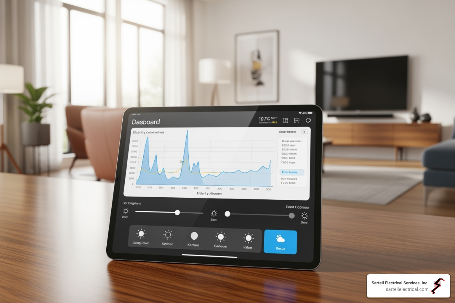 smart home dashboard on a tablet showing energy usage and lighting controls - electrical installation and maintenance