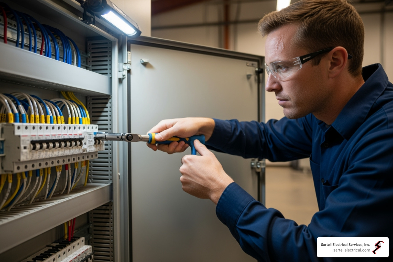 electrician tightening connections inside a clean breaker panel - electrical installation and maintenance