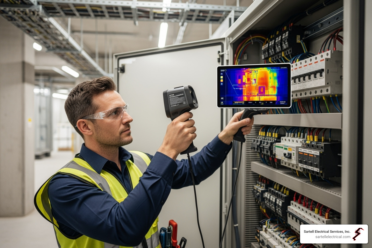 qualified electrician using a thermal imaging camera on a commercial electrical panel - electrical installation and maintenance