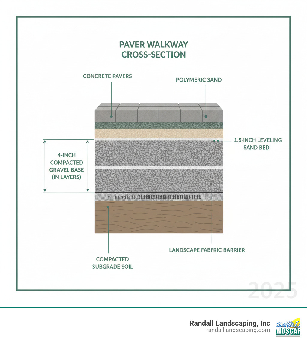 Infographic showing the layered cross-section of a properly installed paver walkway, from bottom to top: compacted subgrade soil, landscape fabric barrier, 4-inch compacted gravel base in layers, 1.5-inch leveling sand bed, concrete pavers, and polymeric sand filling the joints between pavers, with labels indicating proper depth measurements for each layer - making walkway with pavers infographic 