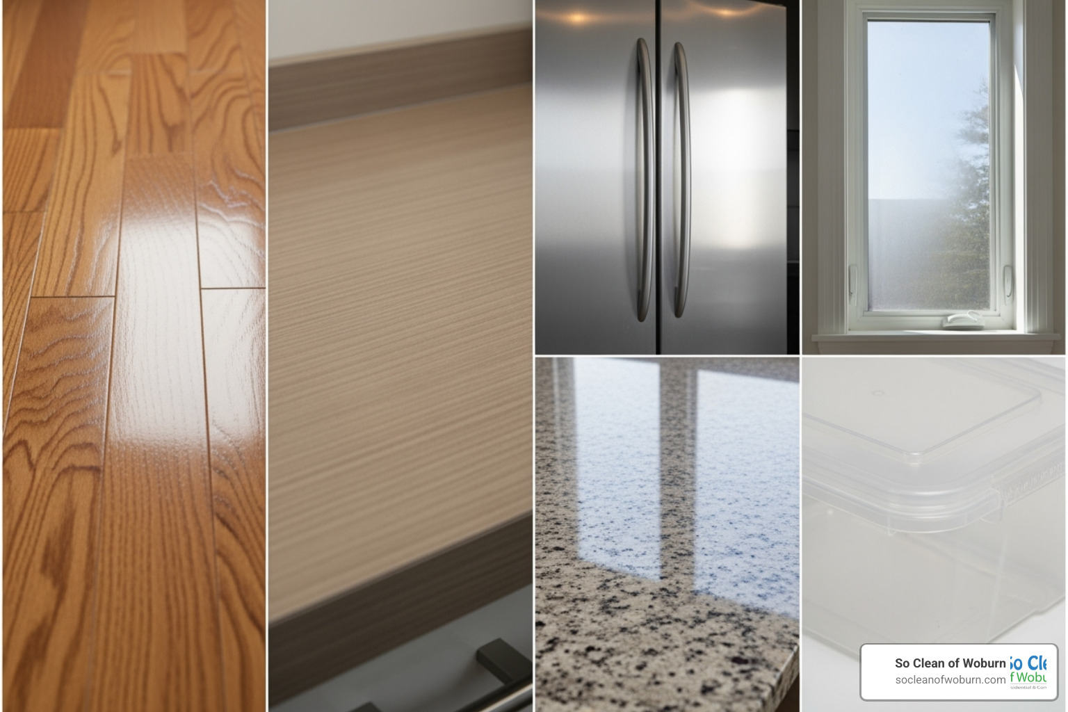 collage showing various approved surfaces: sealed wood, laminate, stainless steel, glass, granite, and plastic - pledge cleaner concentrated multi purpose cleaners
