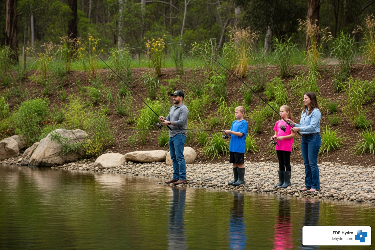 family fishing on a restored riverbank - Aquatic Animal and Recreational Passage family fishing on a restored riverbank - Aquatic Animal and Recreational Passage