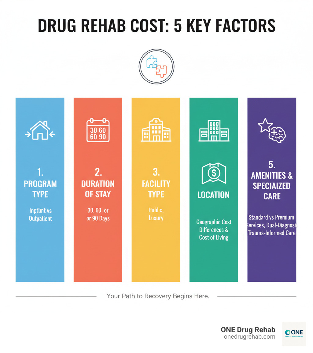 infographic showing five factors that determine drug rehab cost: Program Type (inpatient vs outpatient), Duration of Stay (30, 60, or 90 days), Facility Type (public, private, or luxury), Location (geographic cost differences and cost of living), and Amenities & Specialized Care (standard vs premium services, dual-diagnosis treatment, trauma-informed care) - drug rehab cost infographic 