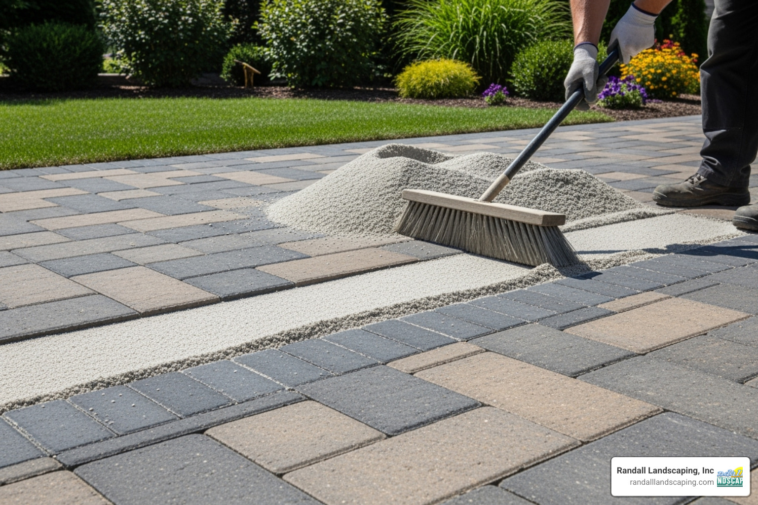 Polymeric sand being swept across a newly laid paver walkway, with a broom pushing the sand into the joints between the pavers - making walkway with pavers