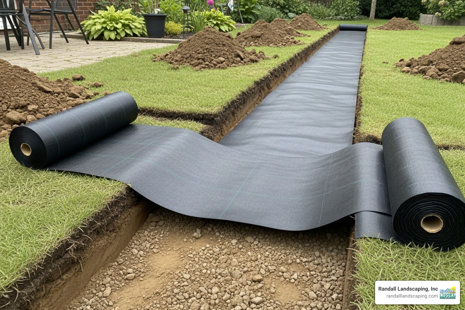 Excavated trench for a paver walkway, with a roll of landscape fabric partially unrolled, showing the bare earth ready for the next steps of base preparation - making walkway with pavers
