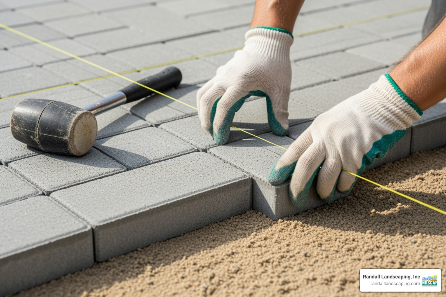 Pavers being carefully laid in a running bond pattern, with a taut string line guiding the alignment of the current row, and a rubber mallet resting nearby - making walkway with pavers