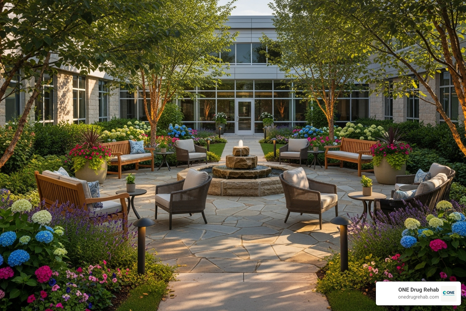 serene rehab facility garden - drug rehab cost