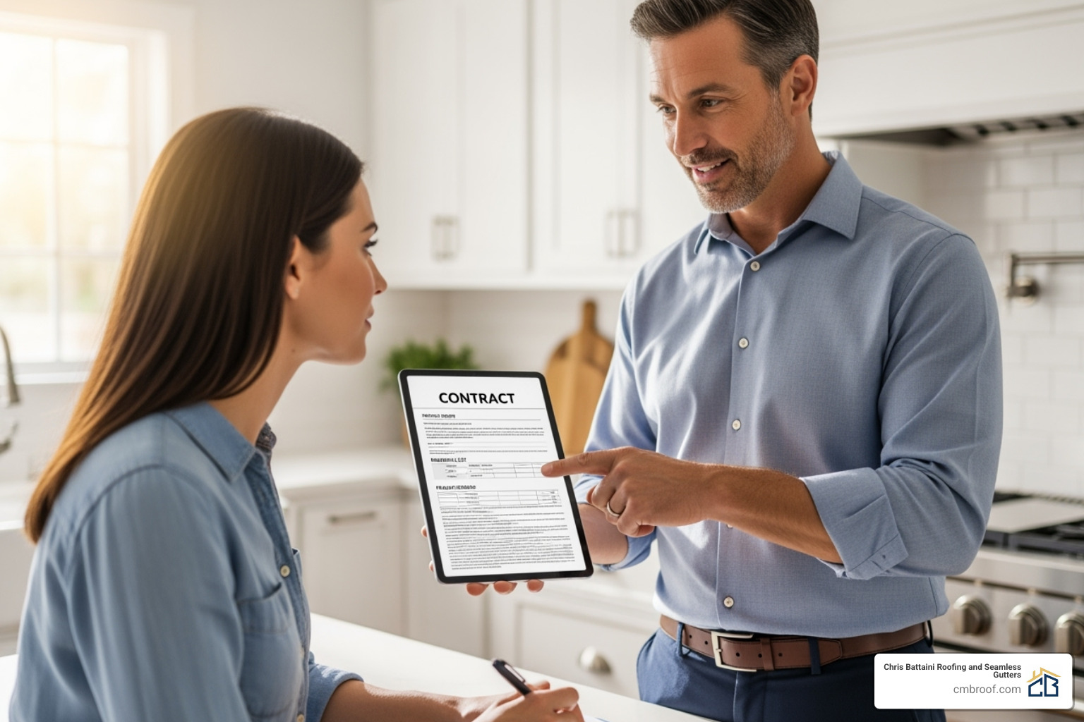 A contractor showing a homeowner a contract on a tablet - Roof repair East Longmeadow MA