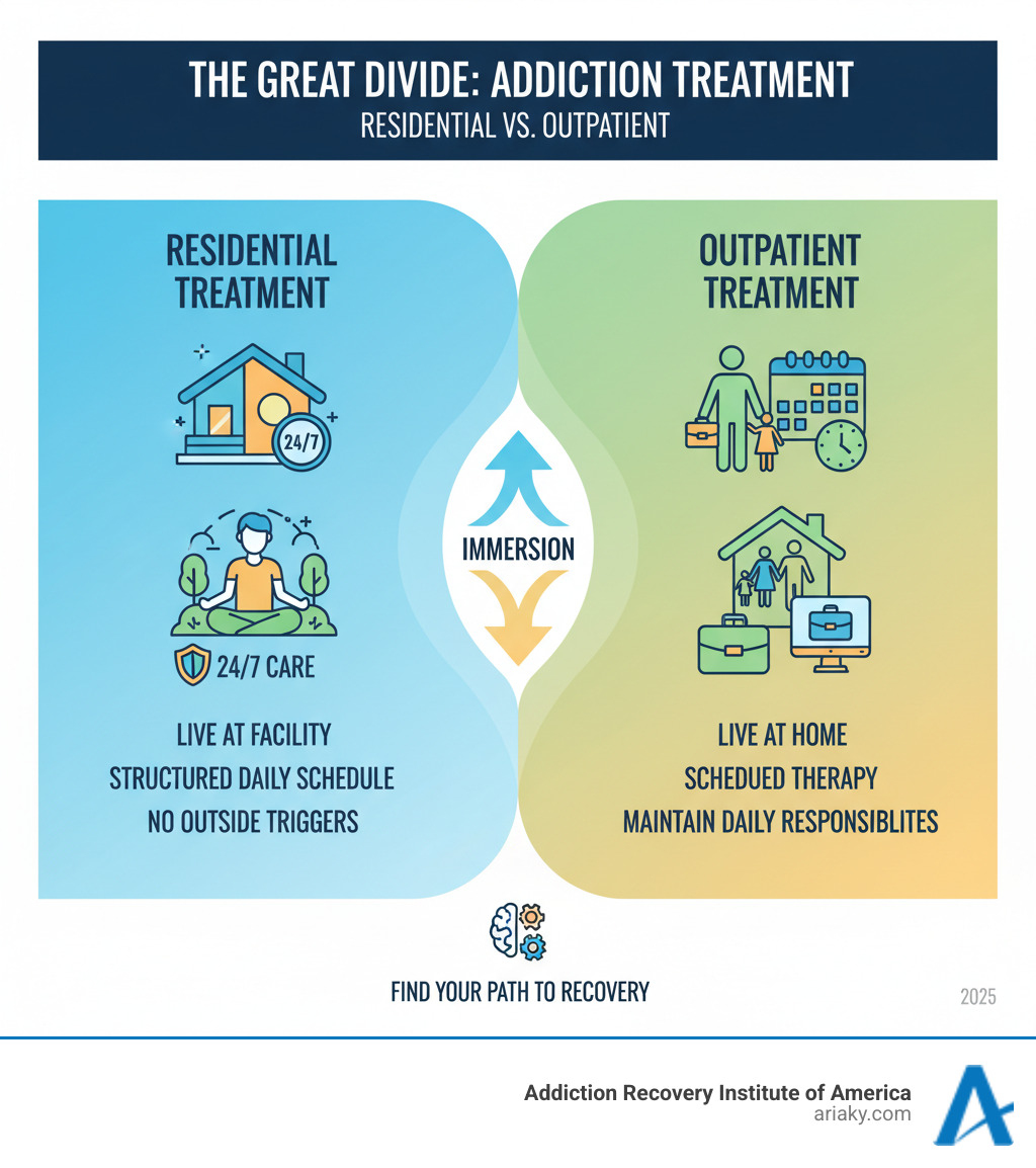 Infographic comparing residential treatment (patient living at facility with 24/7 care, structured daily schedule, no outside triggers) versus outpatient treatment (patient living at home, attending scheduled therapy sessions, maintaining daily responsibilities like work and family) - how residential treatment drug addiction differs from outpatient infographic Infographic comparing residential treatment (patient living at facility with 24/7 care, structured daily schedule, no outside triggers) versus outpatient treatment (patient living at home, attending scheduled therapy sessions, maintaining daily responsibilities like work and family) - how residential treatment drug addiction differs from outpatient infographic