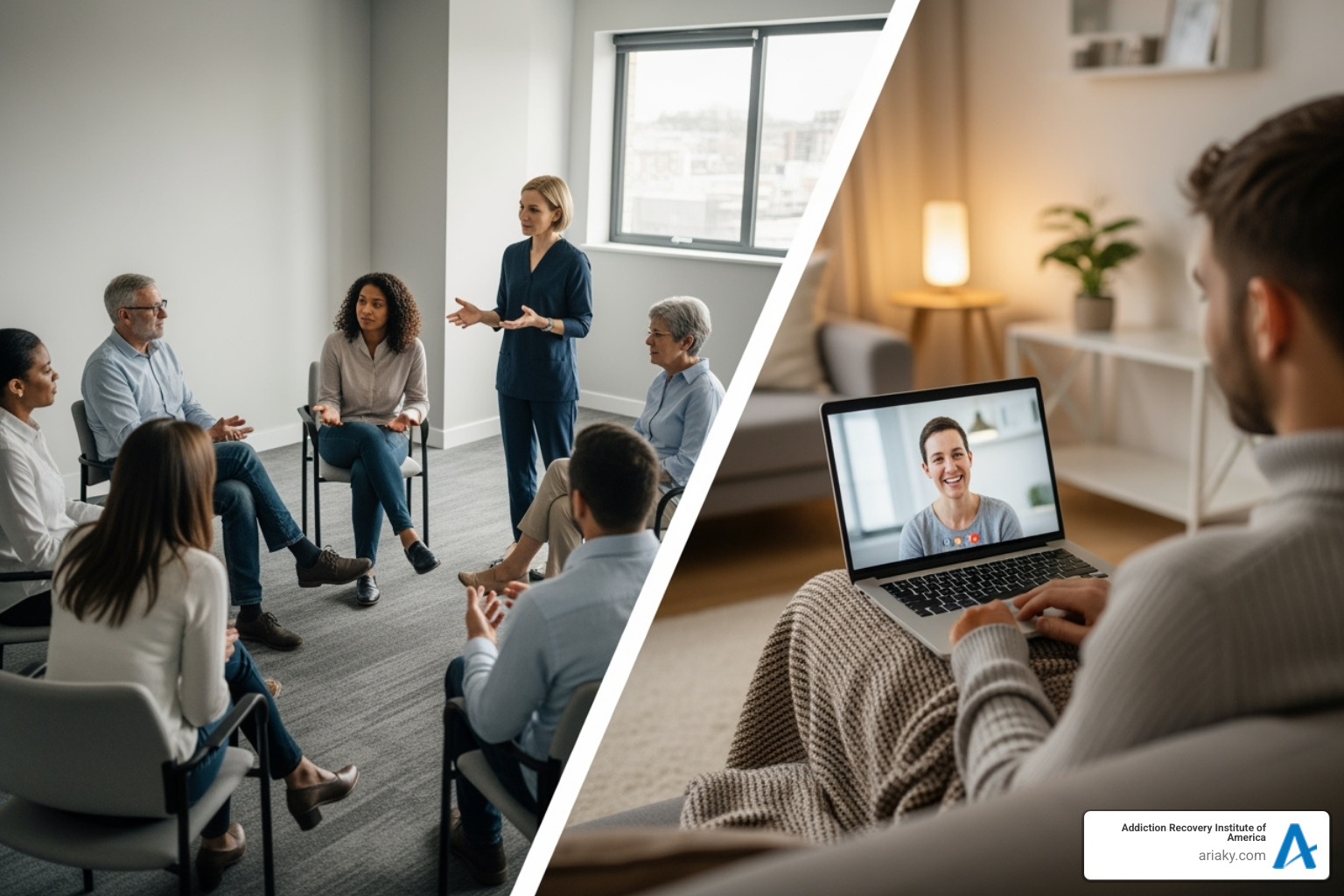 a split-screen showing a structured group therapy session on one side and a person attending a virtual session from home on the other - how residential treatment drug addiction differs from outpatient a split-screen showing a structured group therapy session on one side and a person attending a virtual session from home on the other - how residential treatment drug addiction differs from outpatient