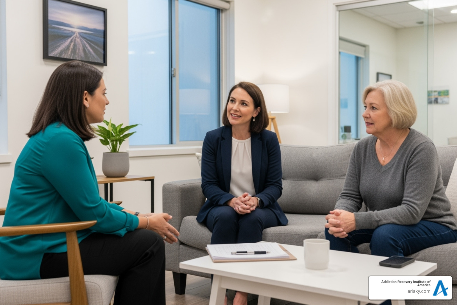 A supportive therapy session with a therapist and two individuals, symbolizing guidance and connection in recovery - fentanyl detox near me A supportive therapy session with a therapist and two individuals, symbolizing guidance and connection in recovery - fentanyl detox near me