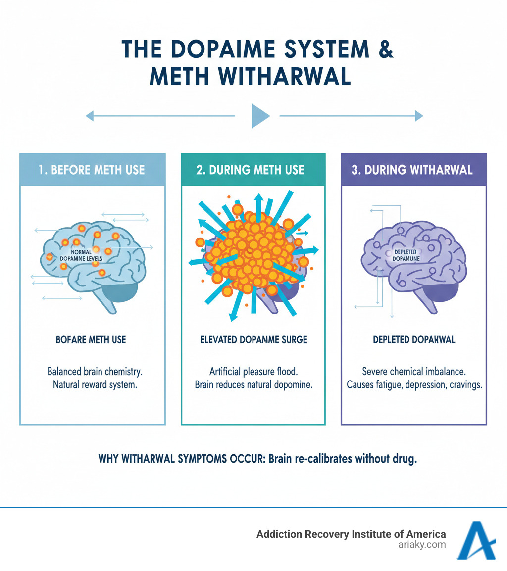 infographic showing the brain's dopamine system before meth use, during meth use with elevated dopamine, and during withdrawal with depleted dopamine, illustrating why withdrawal symptoms occur - Meth withdrawal symptoms infographic infographic showing the brain's dopamine system before meth use, during meth use with elevated dopamine, and during withdrawal with depleted dopamine, illustrating why withdrawal symptoms occur - Meth withdrawal symptoms infographic