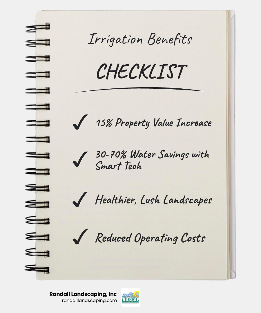 Infographic showing the key benefits of commercial irrigation services: 15% property value increase, 30-70% water savings with smart controllers, automated consistent watering, reduced labor costs, healthier plants with targeted watering, compliance with water regulations, and seasonal maintenance protection - commercial landscape irrigation services infographic checklist-notebook