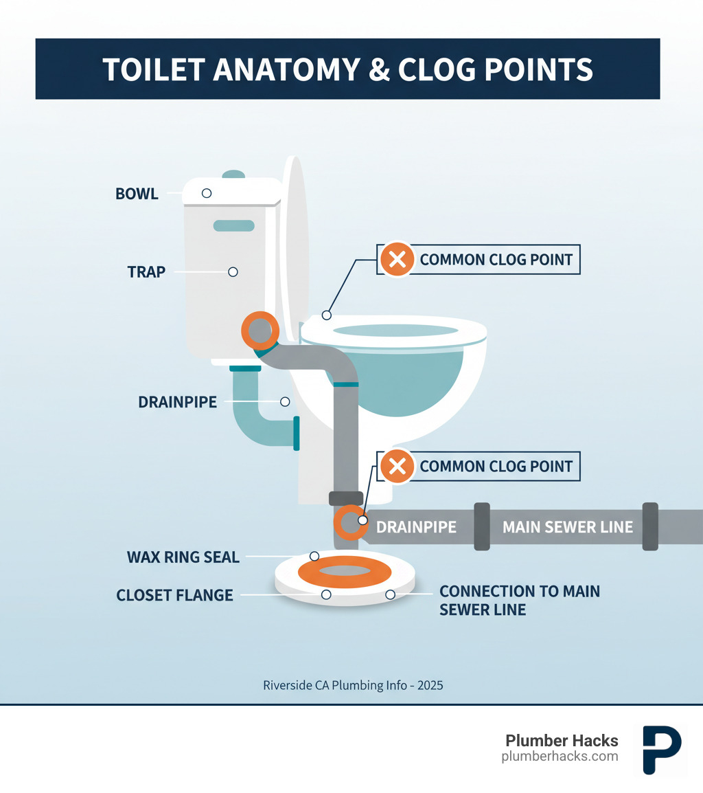 Infographic showing the anatomy of a toilet including the bowl, trap, drainpipe, wax ring seal, closet flange, and connection to the main sewer line, with common clog points highlighted at the trap and drainpipe junction - clogged toilet repair riverside ca infographic 